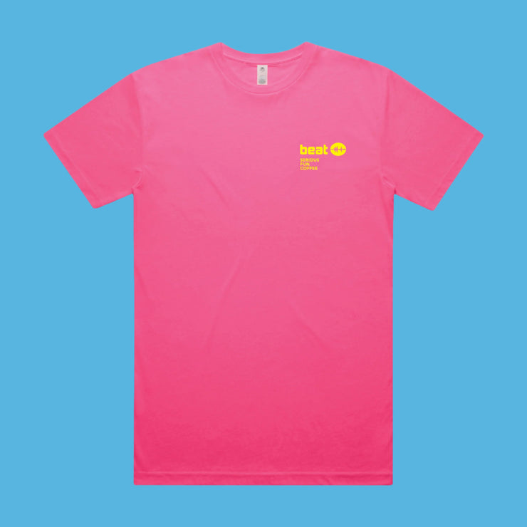 Pink t-shirt with a yellow logo on a white background