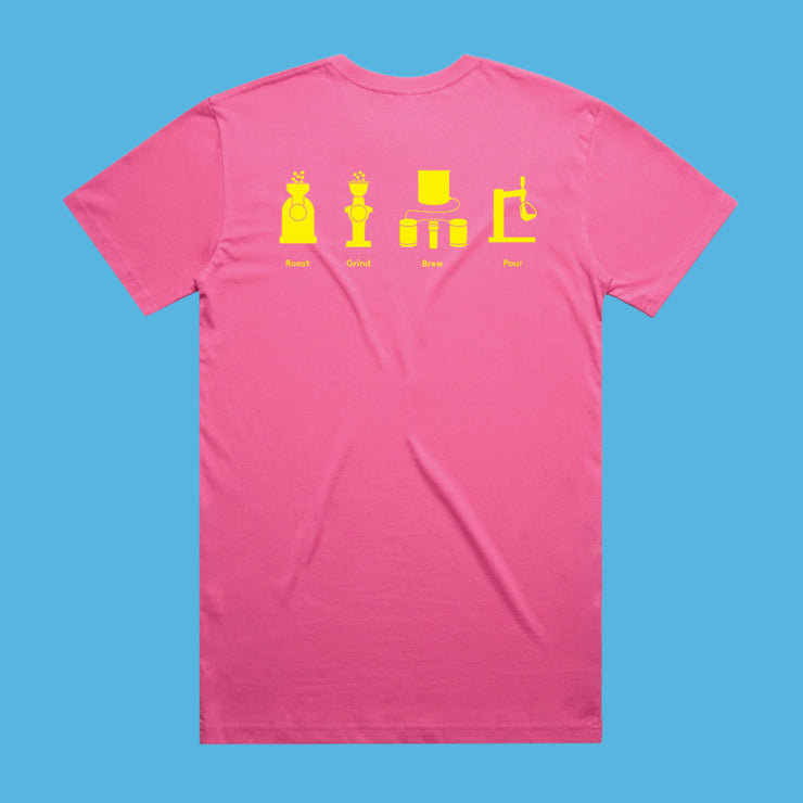 Pink t-shirt with yellow graphic on a white background