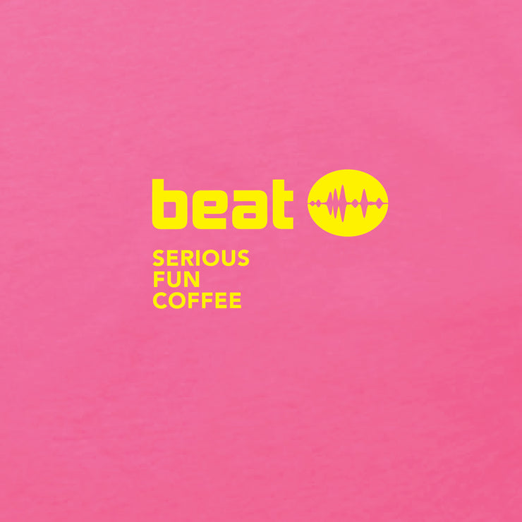 Pink background with yellow 'beat' logo and text on a pink background