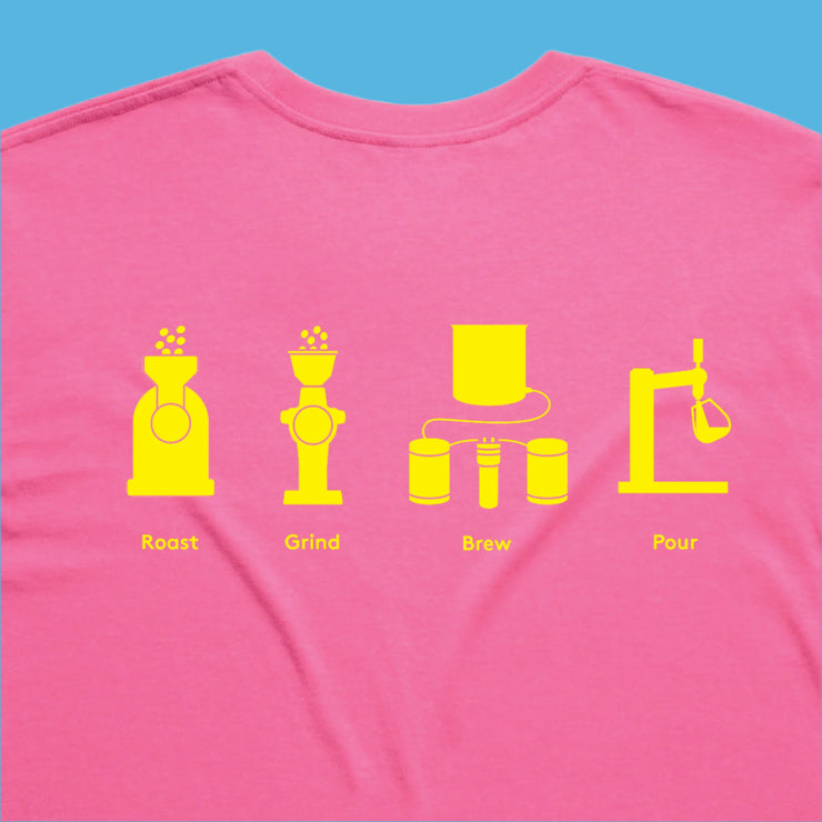 Pink t-shirt with yellow coffee brewing icons and text on a white background