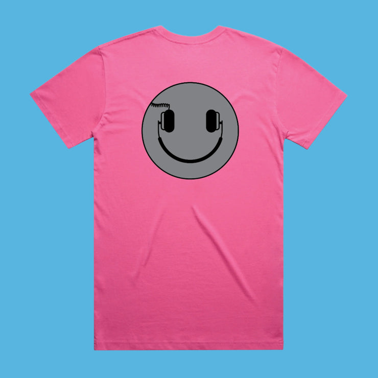Pink t-shirt with a gray smiley face design on the back against a white background
