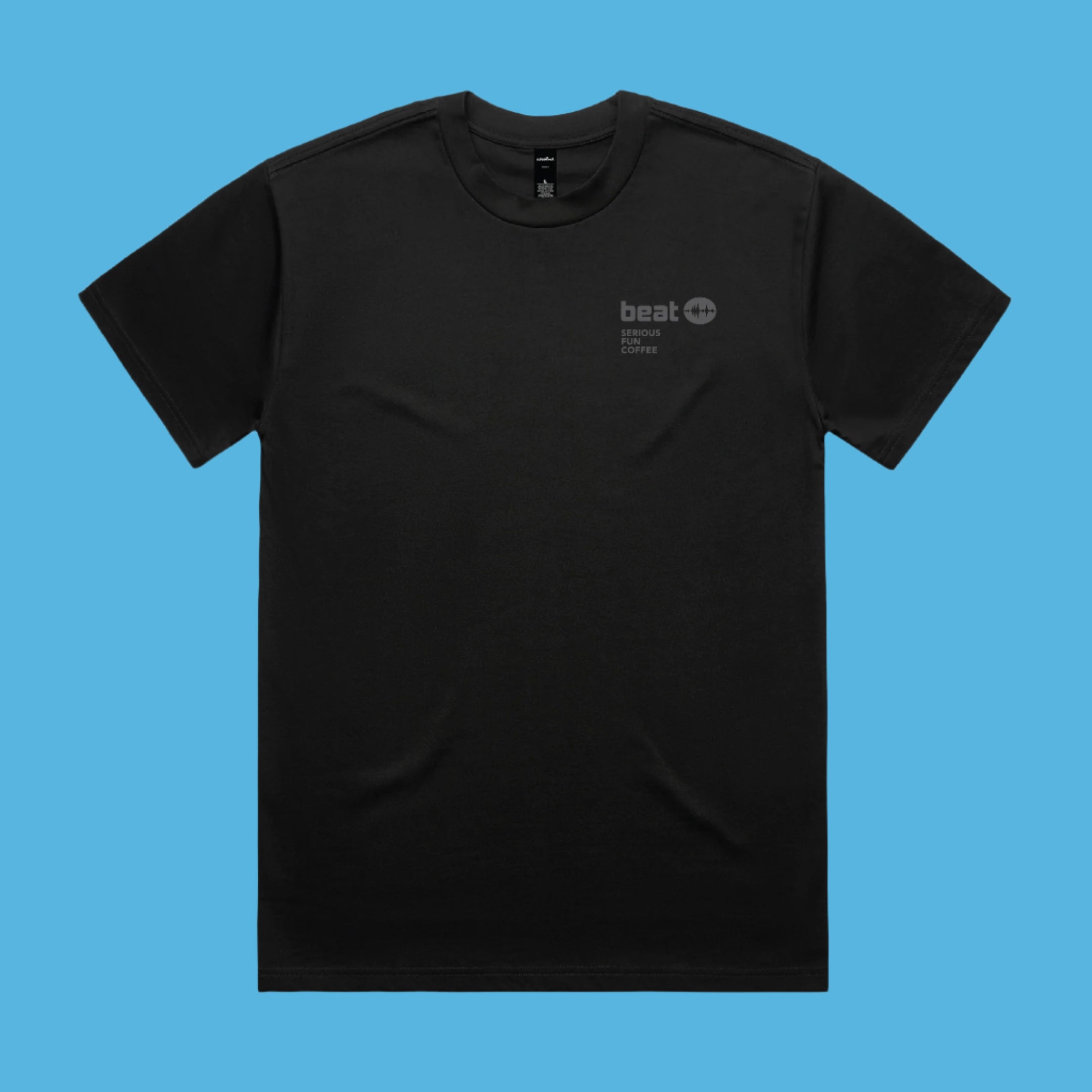 Black t-shirt with a logo on the chest against a white background