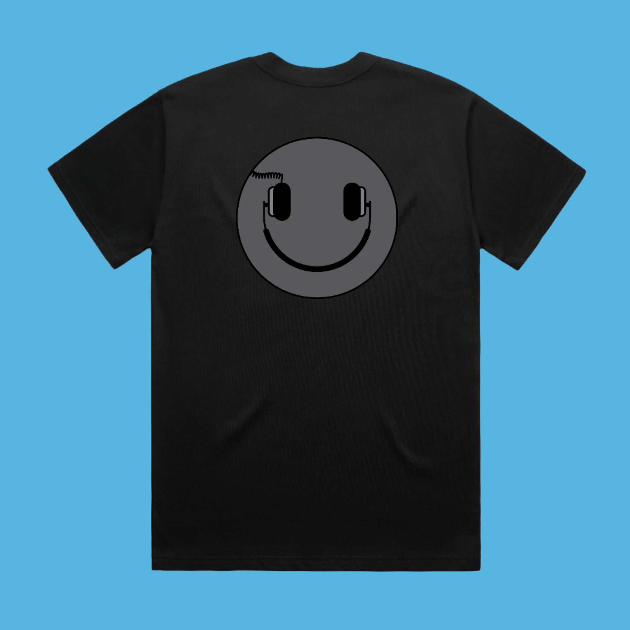 Black t-shirt with a smiley face design on the back against a white background