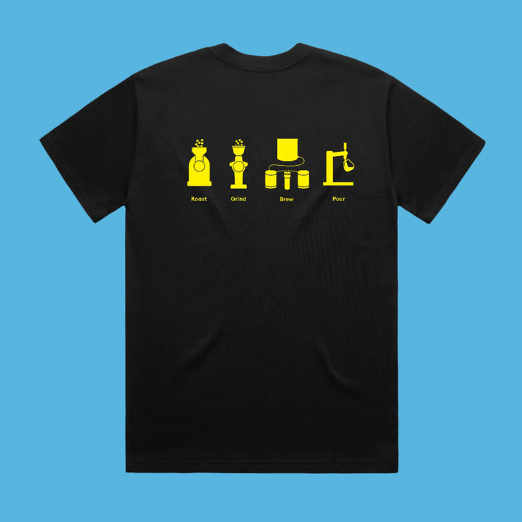 Black t-shirt with yellow graphic design on a white background