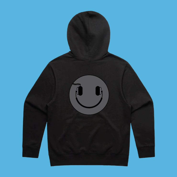 Black hoodie with a smiley face design on the back against a white background