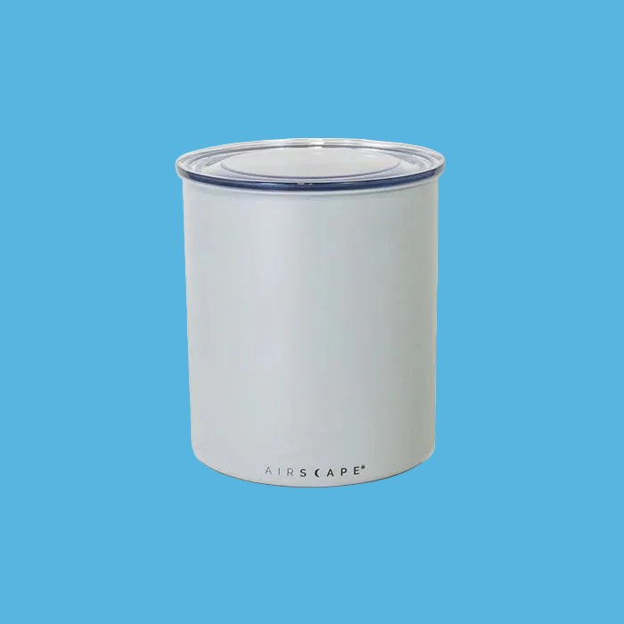 A light gray cylindrical Airscape container with a clear lid and a thin dark blue rim, shown on a plain white background.