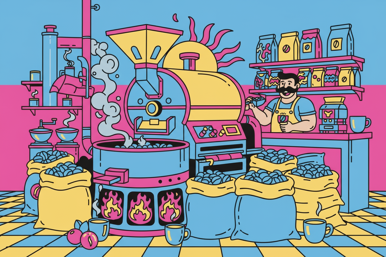 using colours #F7EA48, #57B5E0, #E31C79 create a flat graphic in a cartoon, new school tattoo style of a coffee roastery selling beans. The image must be in a 16:3 aspect ratio
